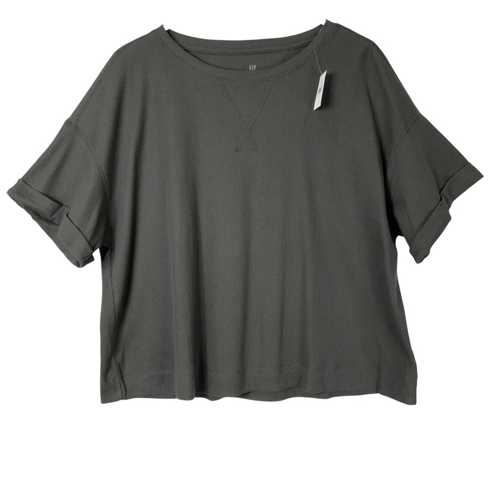 Gap Charcoal Grey Waffle Knit Top L Pullover Crew Neck Short Sleeve Cuffed Boxy